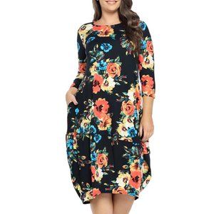 Pastel by Vivienne Women's Floral Black Coral Cocoon Midi Dress Size 1X New